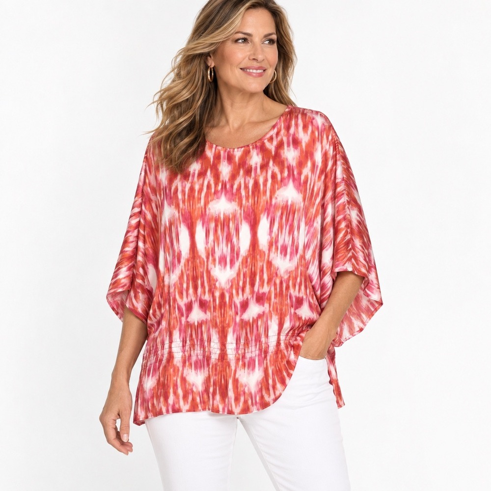 Chico's Women's Size 3 XL 16 Pink Orange Abstract Tunic Blouse Dolman Sleeve